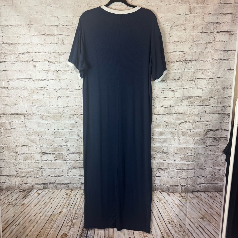 SKIMS Small Soft Lounge Ringer T-Shirt Maxi Dress Navy Blue White Short Sleeve S - Picture 9 of 10
